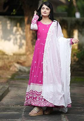 Pink Thread Sequin Embroidered Faux Georgette Anarkali Set