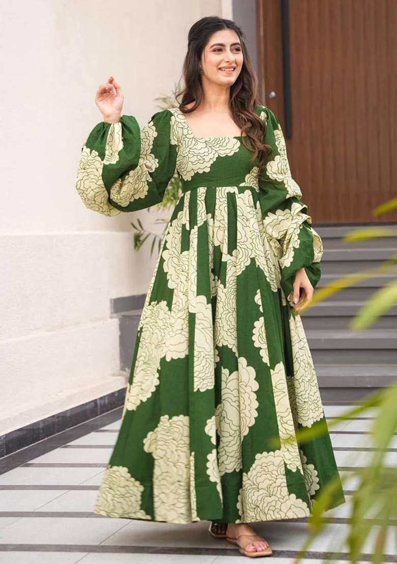 Mehendi Green Digital Print Muslin Silk Anarkali With Dupatta - Indya