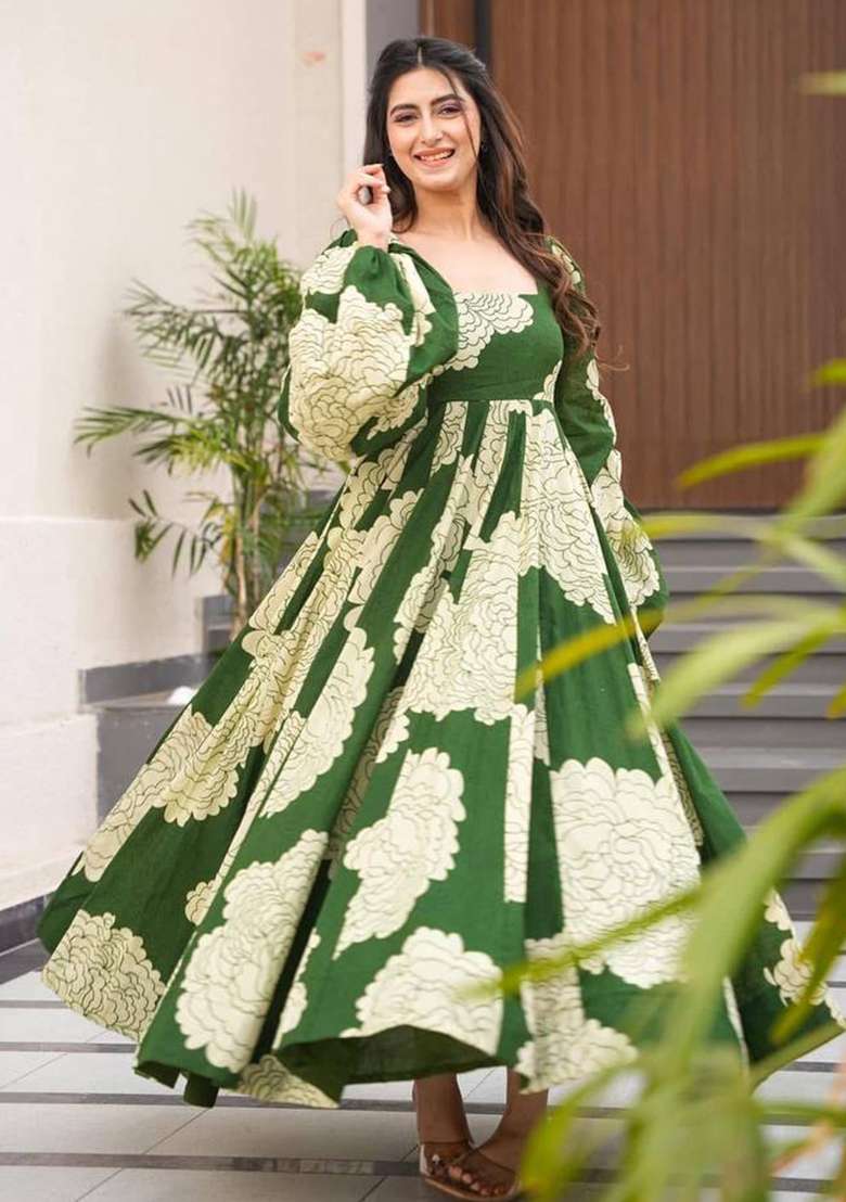 Mehendi Green Digital Print Muslin Silk Anarkali With Dupatta - Indya