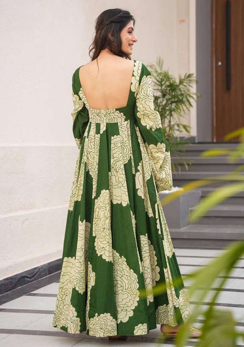Mehendi Green Digital Print Muslin Silk Anarkali With Dupatta - Indya