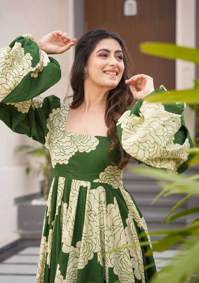 Mehendi Green Digital Print Muslin Silk Anarkali With Dupatta - Indya