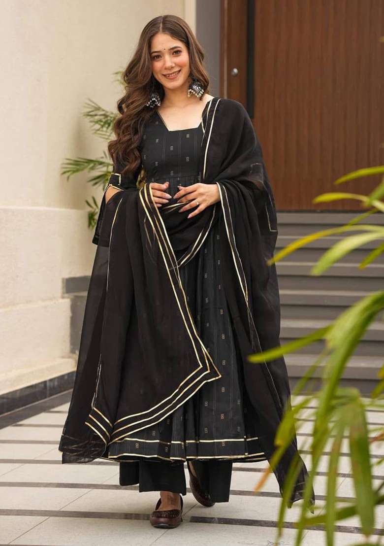 Black Digital Print Muslin Silk Anarkali With Dupatta - Indya