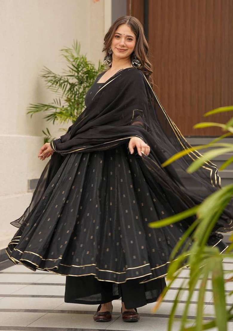 Black Digital Print Muslin Silk Anarkali With Dupatta - Indya