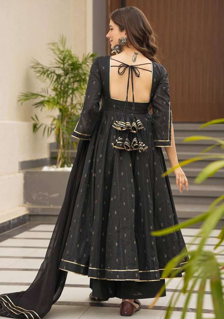 Black Digital Print Muslin Silk Anarkali With Dupatta - Indya