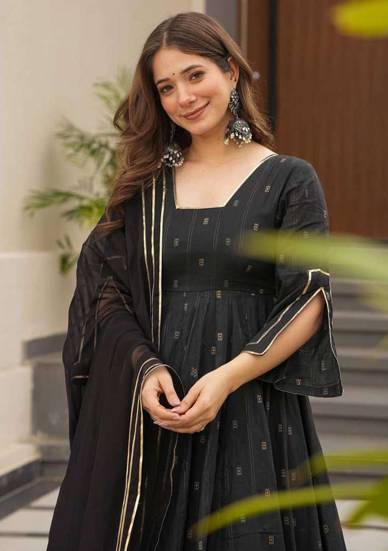Black Digital Print Muslin Silk Anarkali With Dupatta - Indya