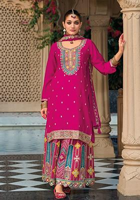 Dark Pink Embroidered Silk Kurta Set
