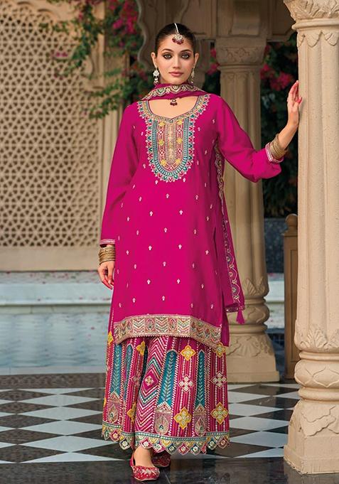 Dark Pink Embroidered Silk Kurta Set