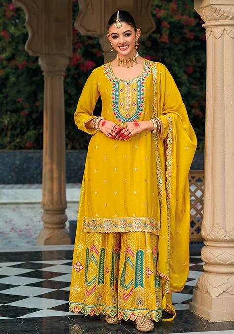 Yellow Embroidered Silk Kurta Set