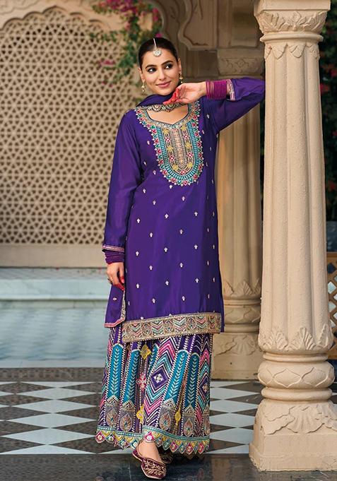 Purple Embroidered Silk Kurta Set
