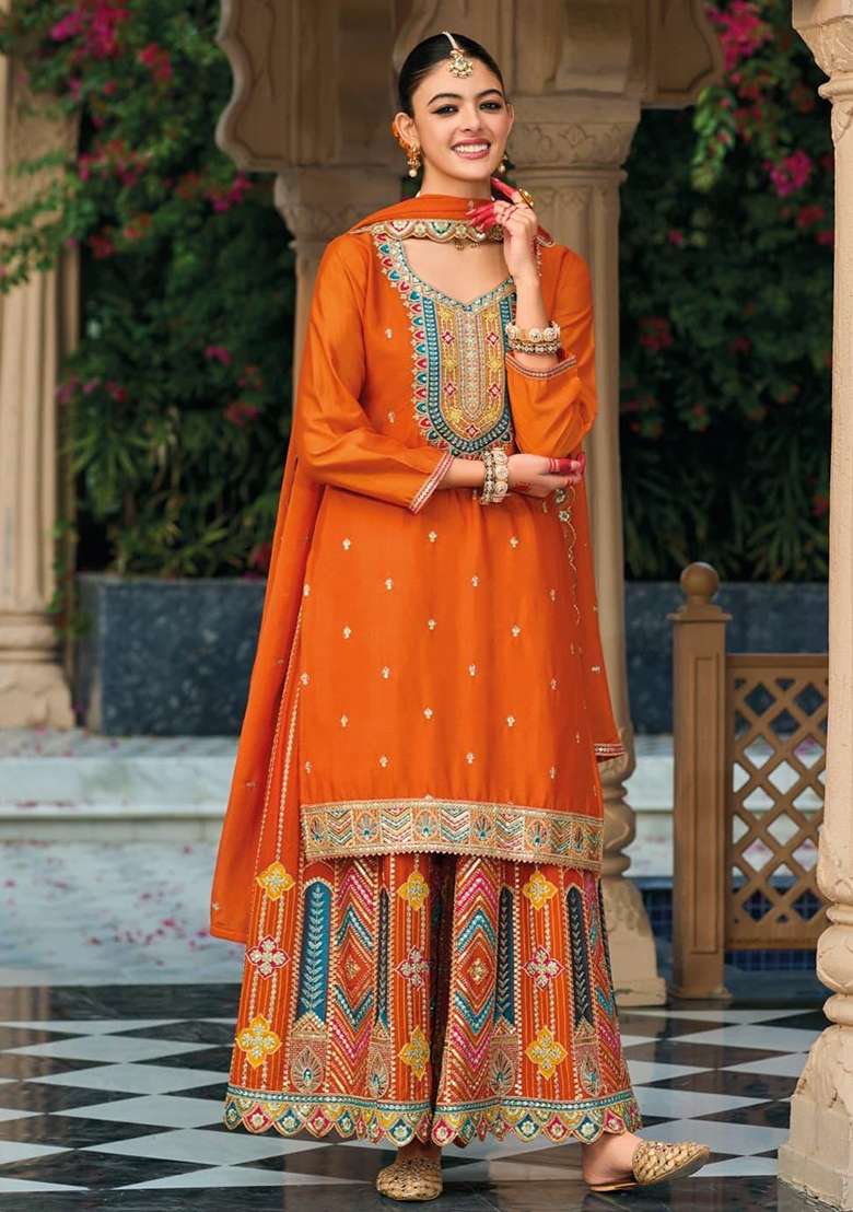 Orange Embroidered Silk Blend Sharara Set - Indya