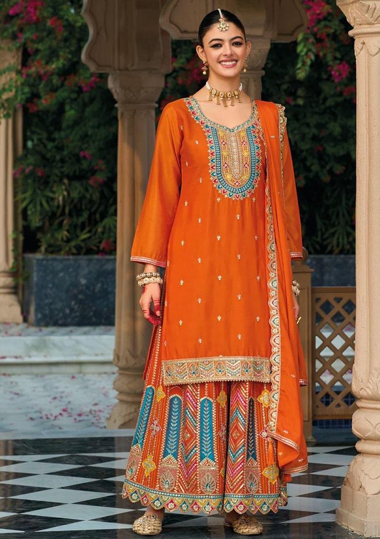 Orange Embroidered Silk Kurta Set