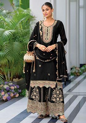 Black Embroidered Silk Kurta Set