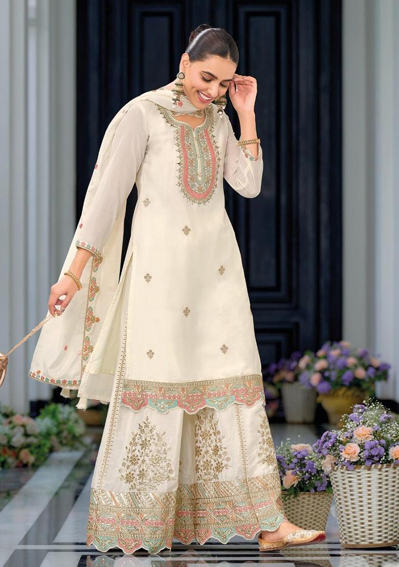 White Embroidered Silk Kurta Set