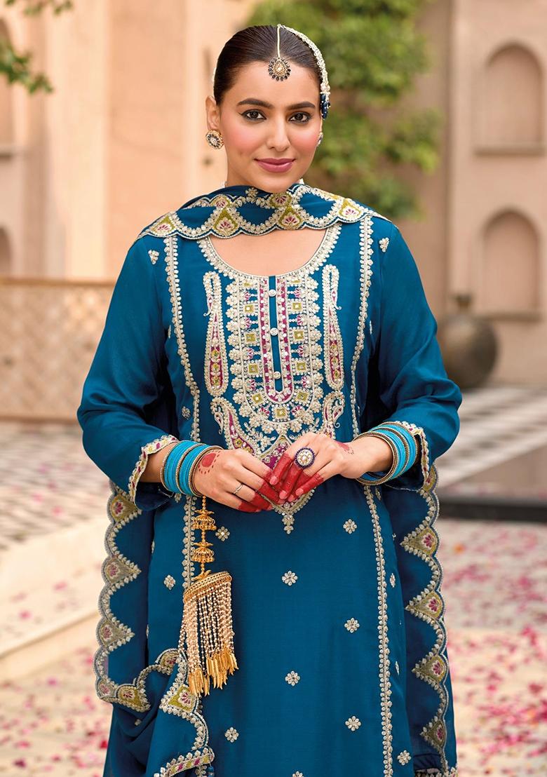 Blue Embroidered Silk Kurta Set