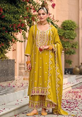 Mustard Embroidered Silk Kurta Set