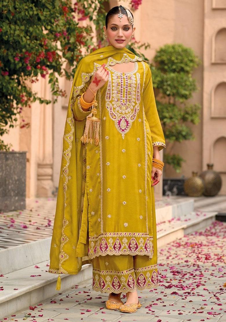 Mustard Embroidered Silk Kurta Set