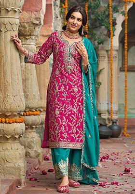 Dark Pink Embroidered Silk Kurta Set