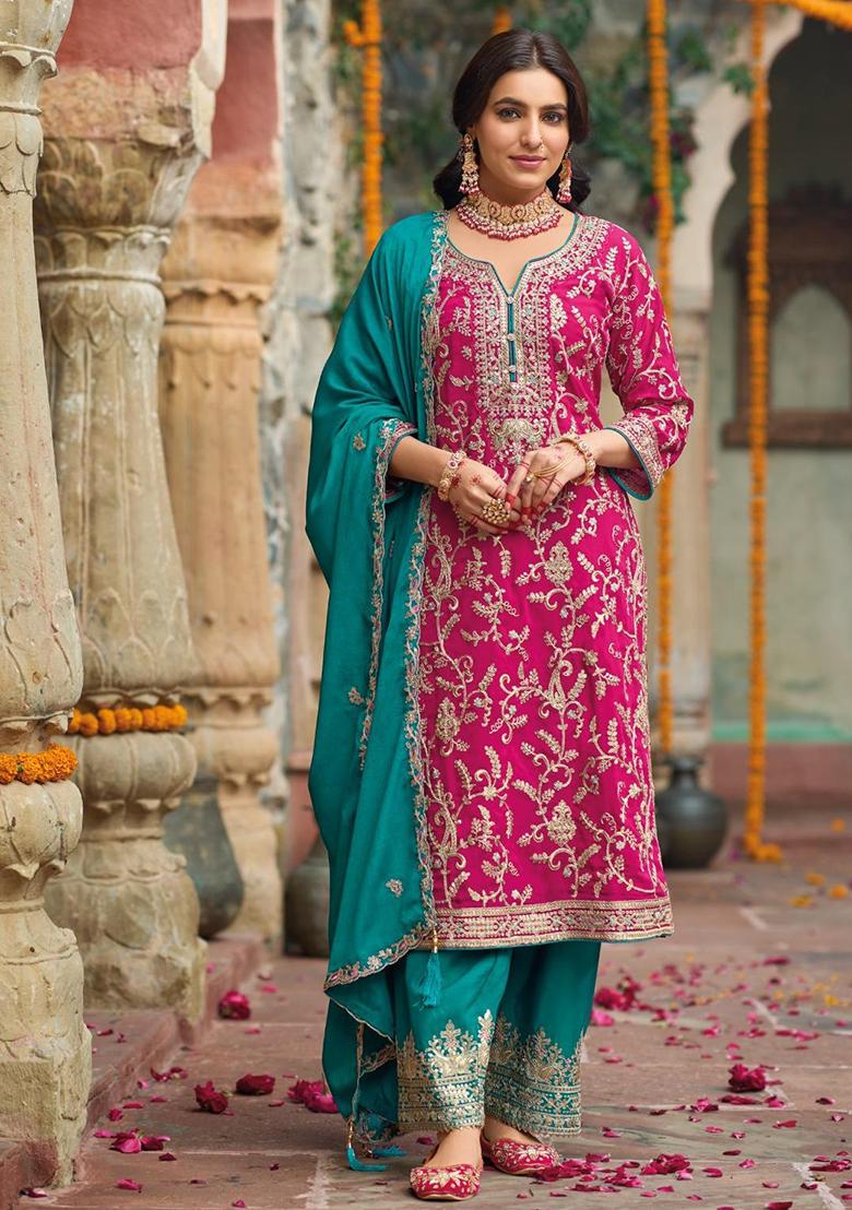 Dark Pink Embroidered Silk Kurta Set