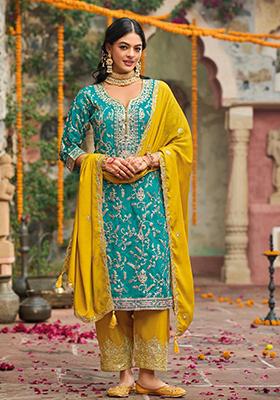 Turquoise Embroidered Silk Kurta Set