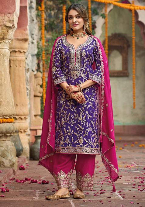 Purple Embroidered Silk Kurta Set