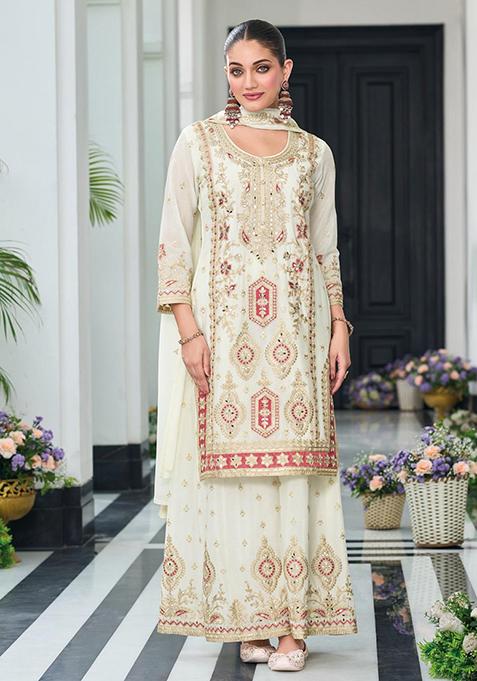 White Embroidered Silk Kurta Set