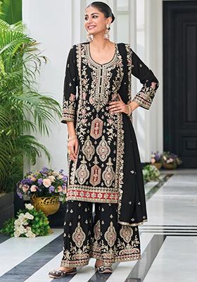 Black Embroidered Silk Kurta Set
