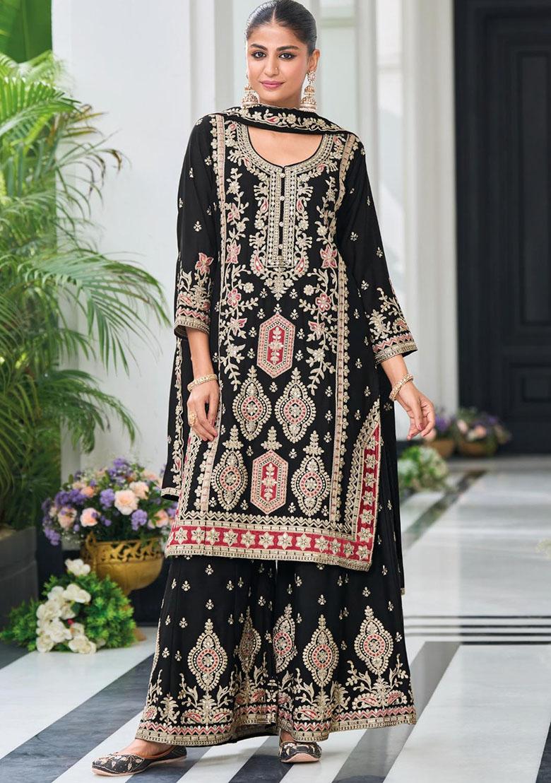 Black Embroidered Silk Kurta Set