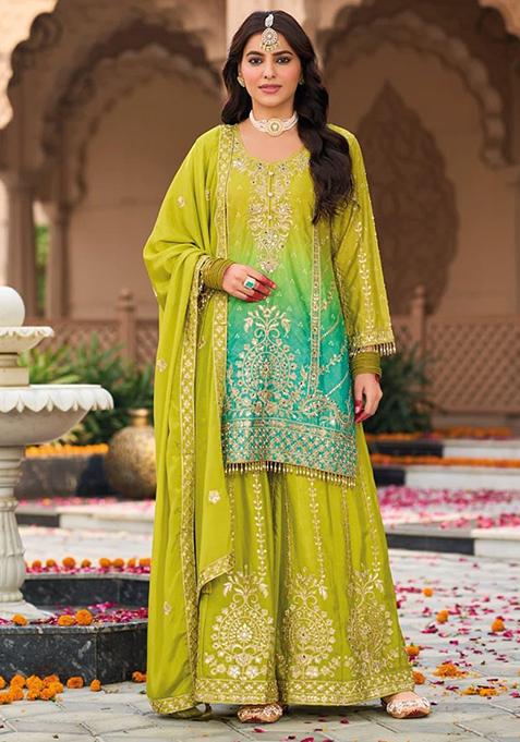 Green Embroidered Silk Kurta Set