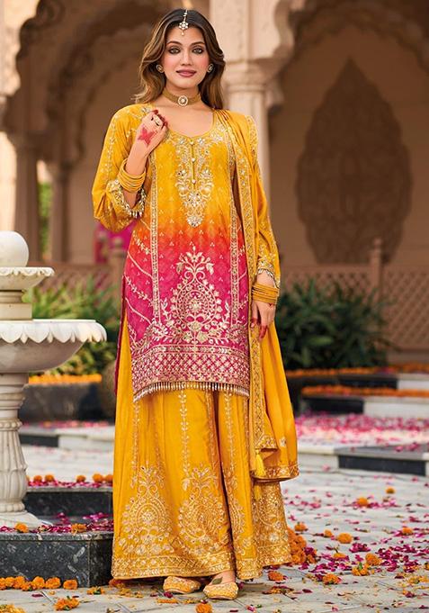 Yellow Embroidered Silk Kurta Set