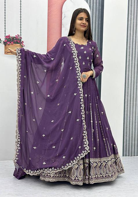 Lavender Embroidered Georgette Anarkali Set