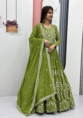 Green Embroidered Georgette Anarkali Set