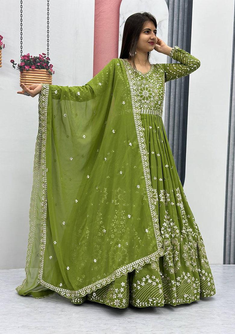Green Embroidered Georgette Anarkali Set
