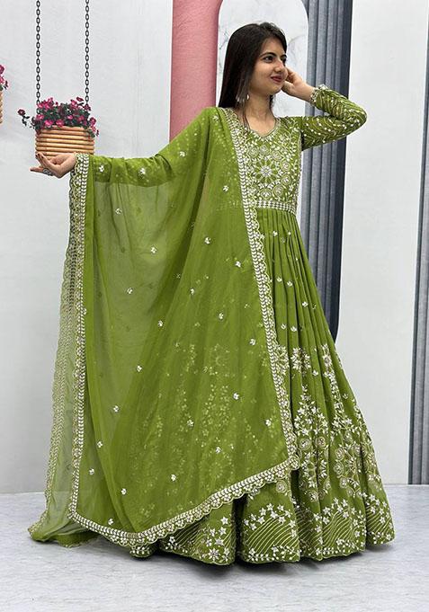 Dusty Green Georgette Alia cut Embroidered Anarkali Kurta Pant With Dupatta Set