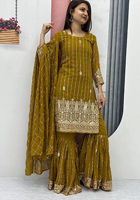 Yellow Embroidered Georgette Kurta Set