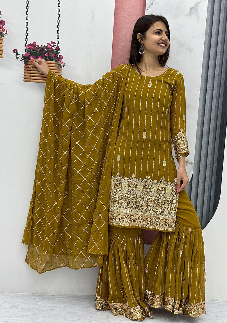 Yellow Embroidered Georgette Kurta Set