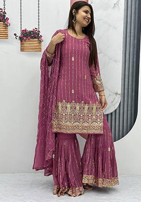 Peach Embroidered Georgette Kurta Set