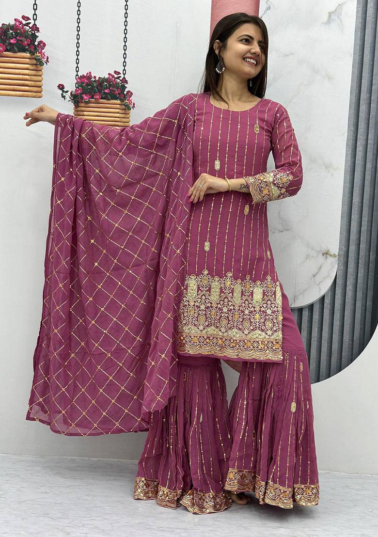 Peach Embroidered Georgette Kurta Set