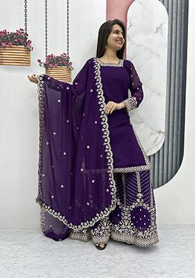 Purple Embroidered Georgette Kurta Set