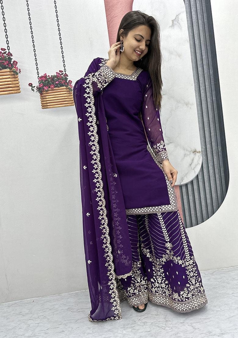 Purple Embroidered Georgette Kurta Set