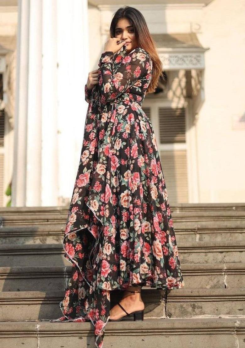 Black Printed Georgette Anarkali Set With Dupatta