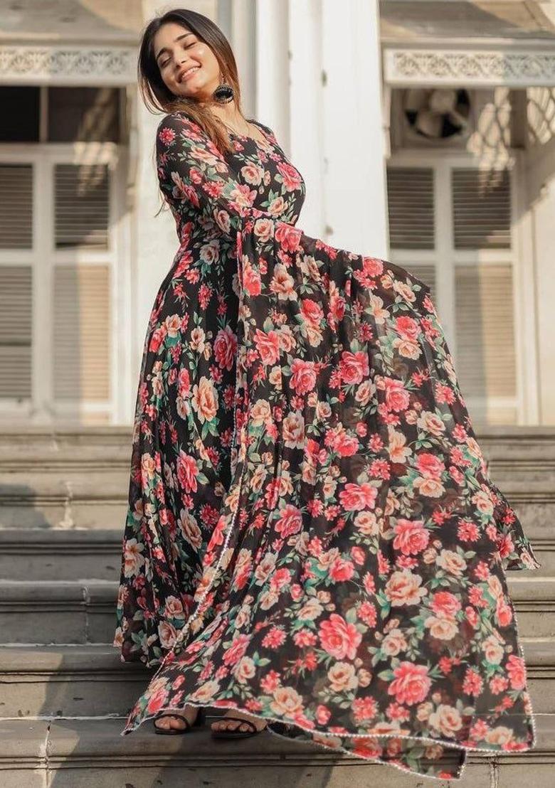 Black Printed Georgette Anarkali Set With Dupatta