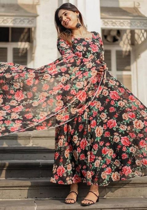 Black Printed Georgette Anarkali Set With Dupatta
