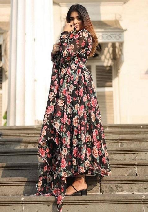 Black Printed Georgette Anarkali Set With Dupatta