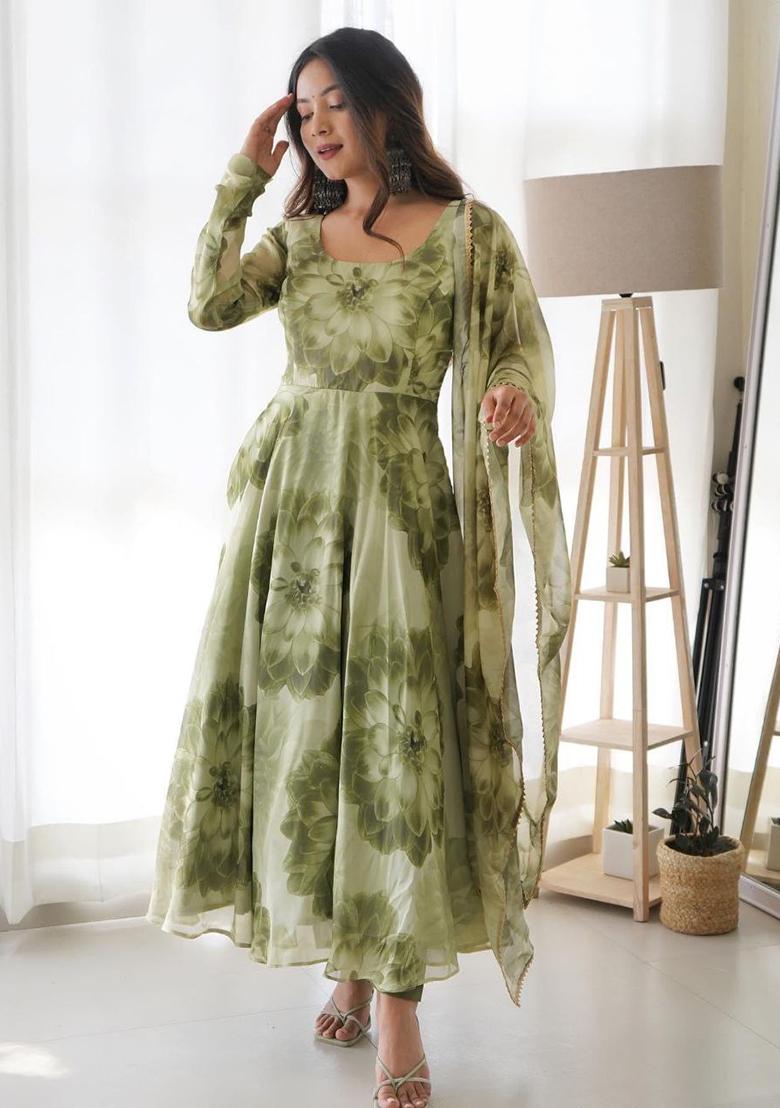 Green Printed Georgette Anarkali Set