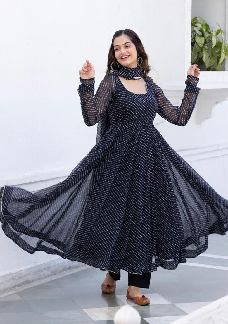 Black Printed Georgette Anarkali Set With Dupatta