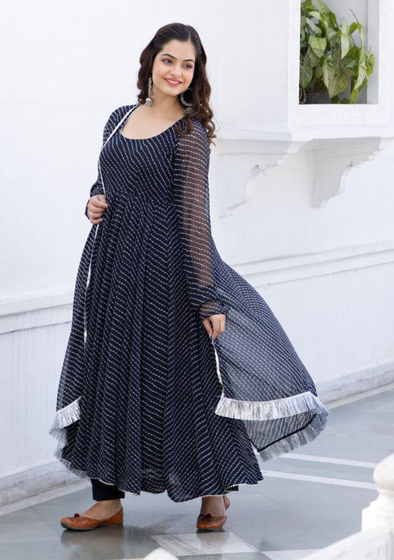 Black Printed Georgette Anarkali Set With Dupatta