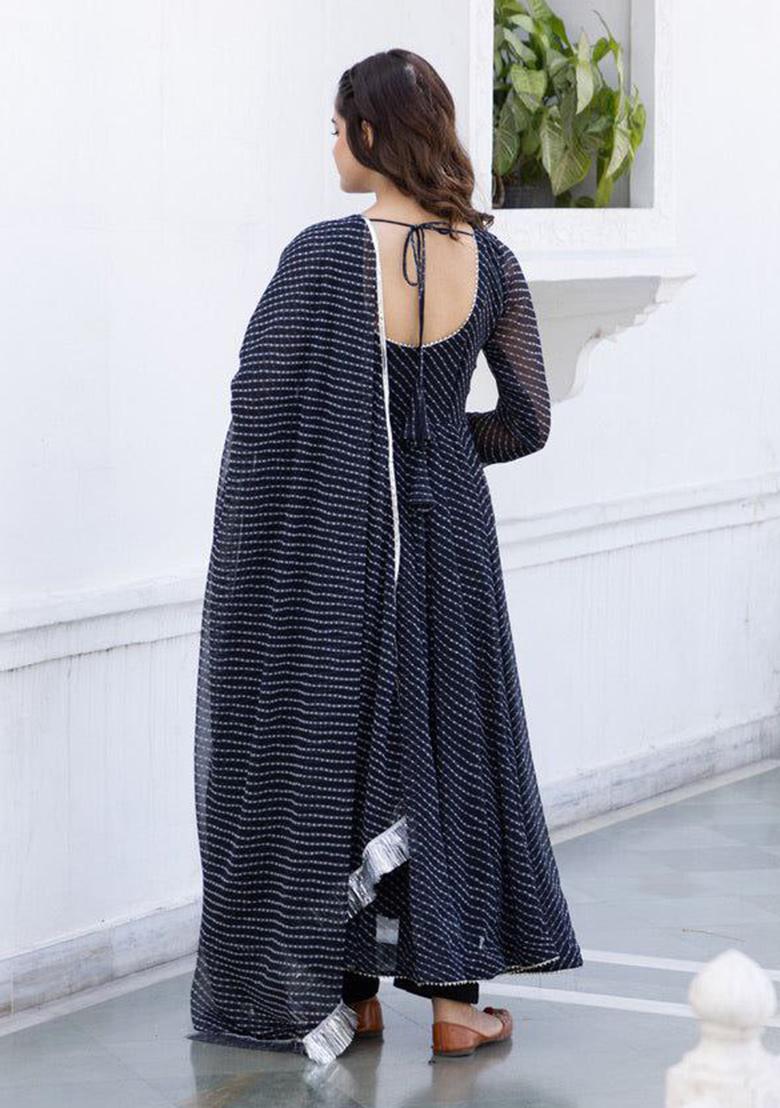 Black Printed Georgette Anarkali Set With Dupatta