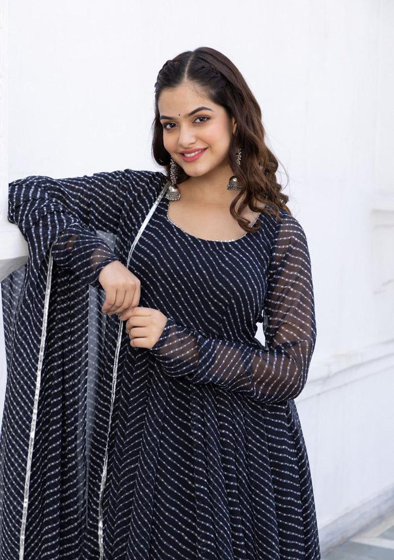 Black Printed Georgette Anarkali Set With Dupatta