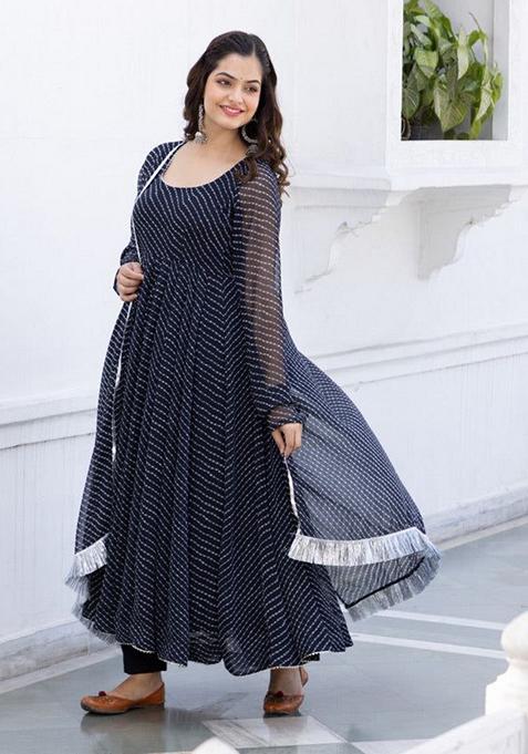 Black Printed Georgette Anarkali Set With Dupatta