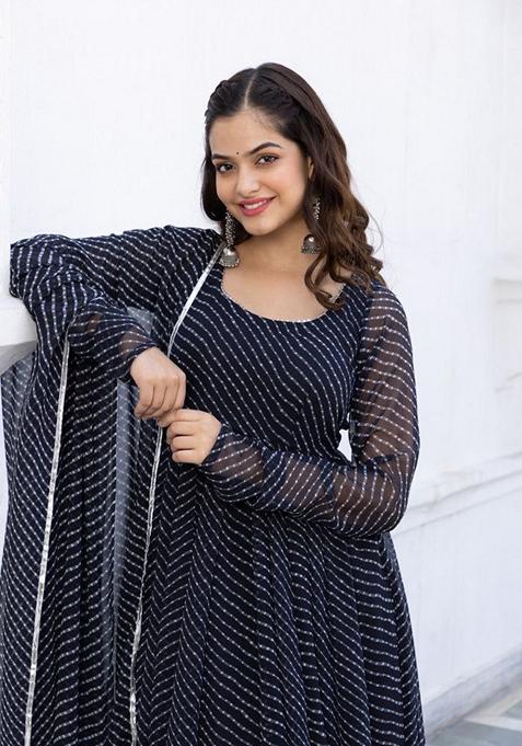 Black Printed Georgette Anarkali Set With Dupatta